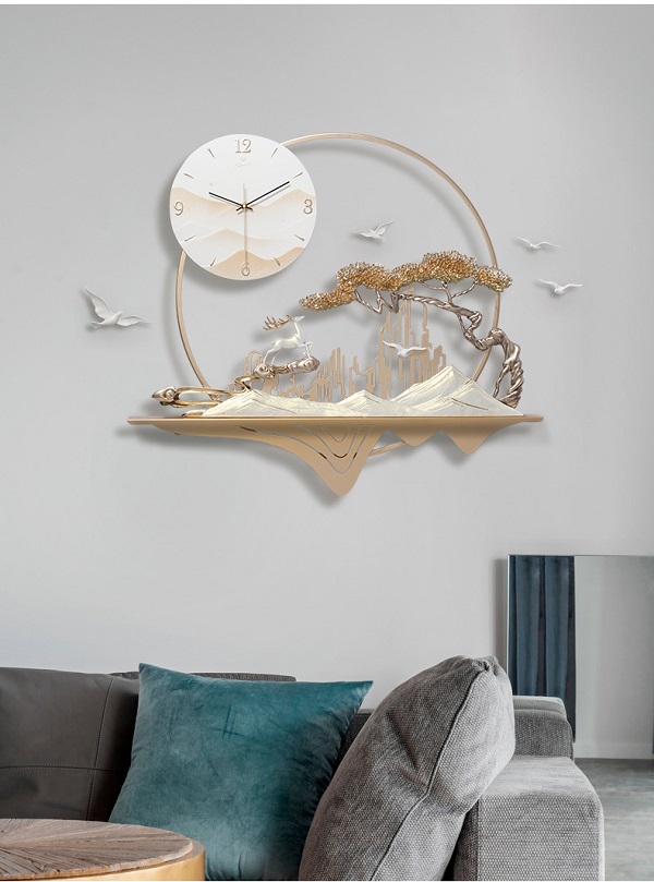 Đồng hồ treo tường phòng khách nghệ thuật hươu sơn thủy