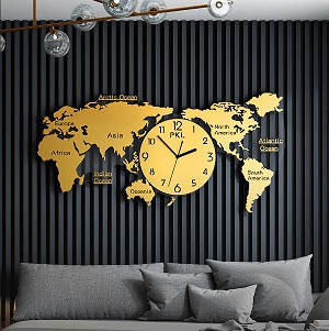 Đồng hồ treo tường bản đồ thế giới màu vàng