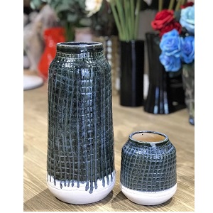 Bình gốm cắm hoa vân kim cương xám xanh