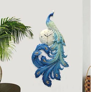 Đồng hồ treo tường nghệ thuật chim công xanh