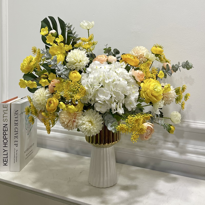 Bình hoa giả để bàn tone trắng vàng hoa vải lụa cao cấp