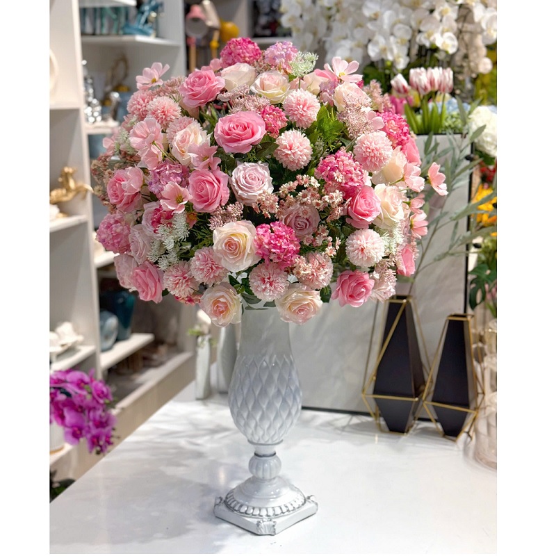 Bình hoa lụa tone hồng cao cấp