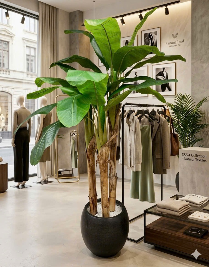 Cây chuối giả trang trí showroom quần áo