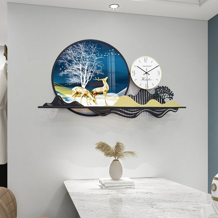 Đồng hồ treo tường trang trí phòng khách hươu sơn thủy