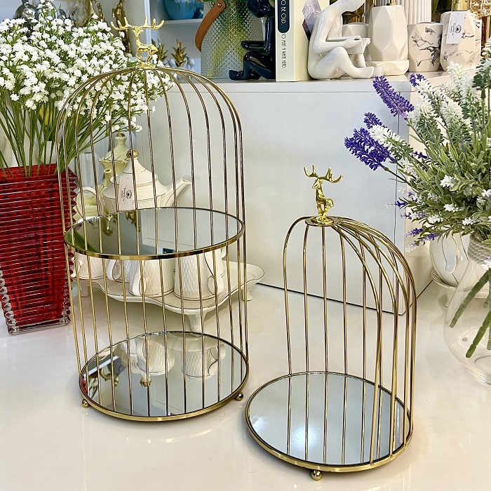 Khay lồng chim mạ vàng đựng bánh trái cây nhiều tầng