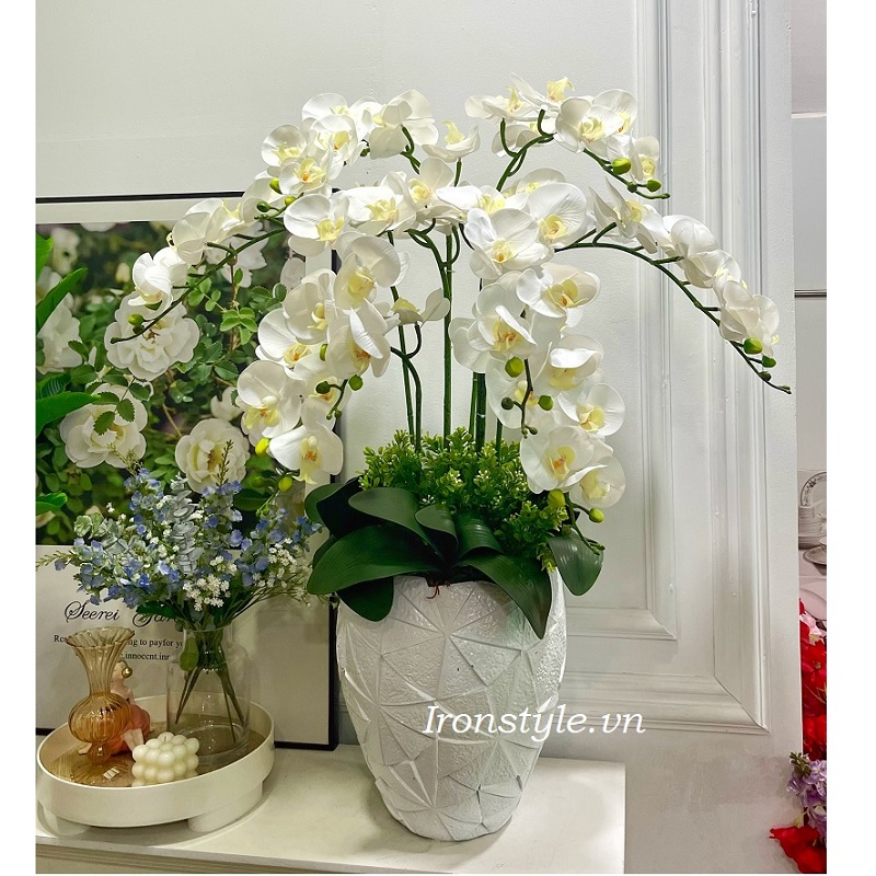 Bình hoa lan lụa một mặt 8 cành trắng