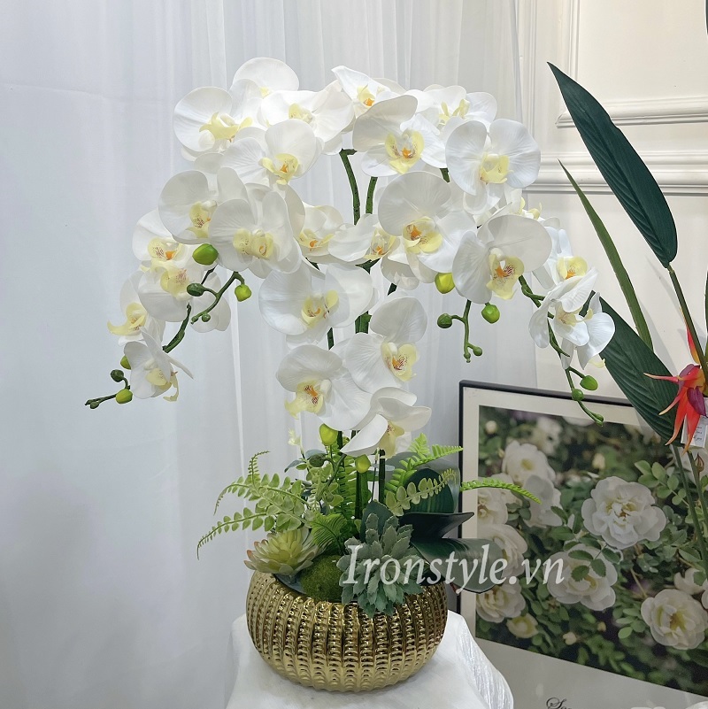 Bình hoa lan hồ điệp lụa trắng gốm mạ vàng 5 bông