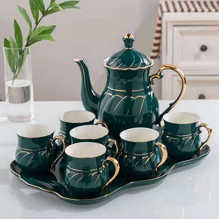 Bộ ấm chén trà sứ xanh cao cấp vân xoắn