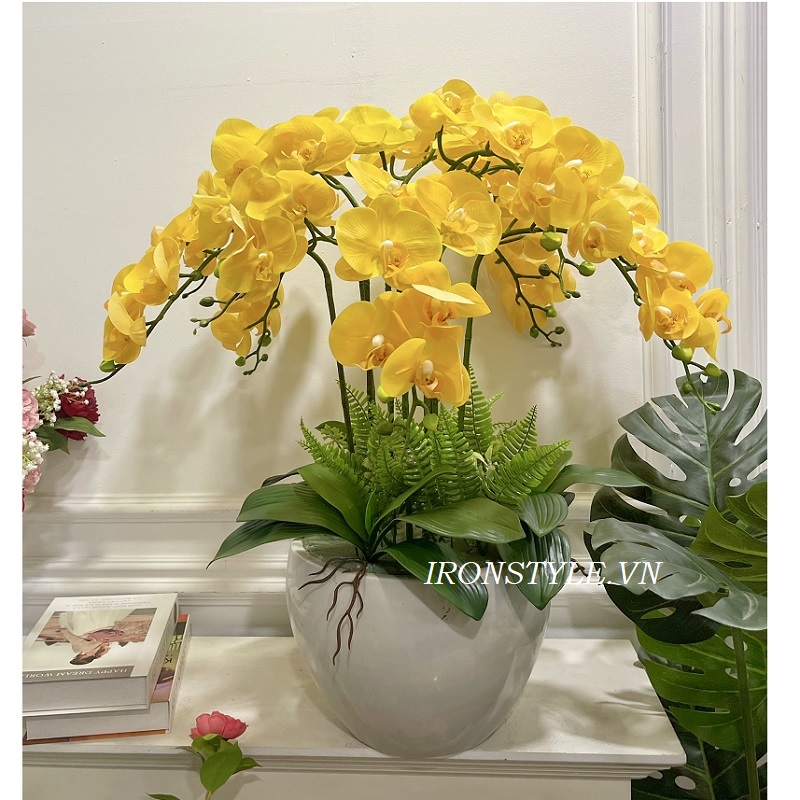 Chậu hoa lan hồ điệp lụa vàng cắm tròn 10 cành