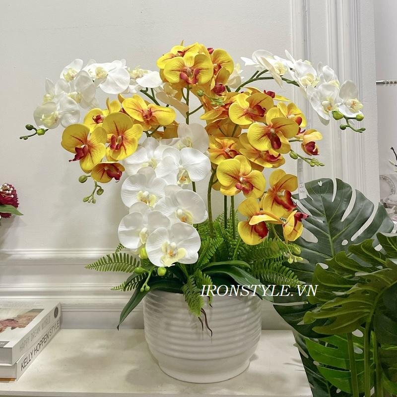 Chậu hoa lan hồ điệp lụa vàng trắng 7 cành