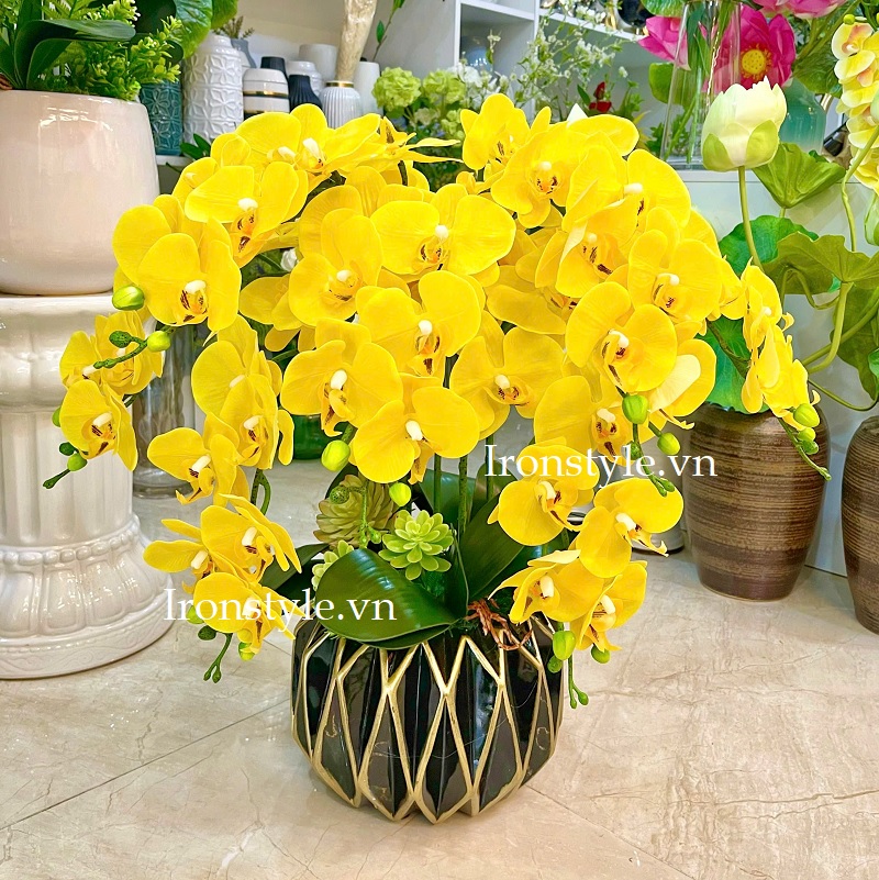Chậu hoa lan giả vàng trang trí 1 mặt