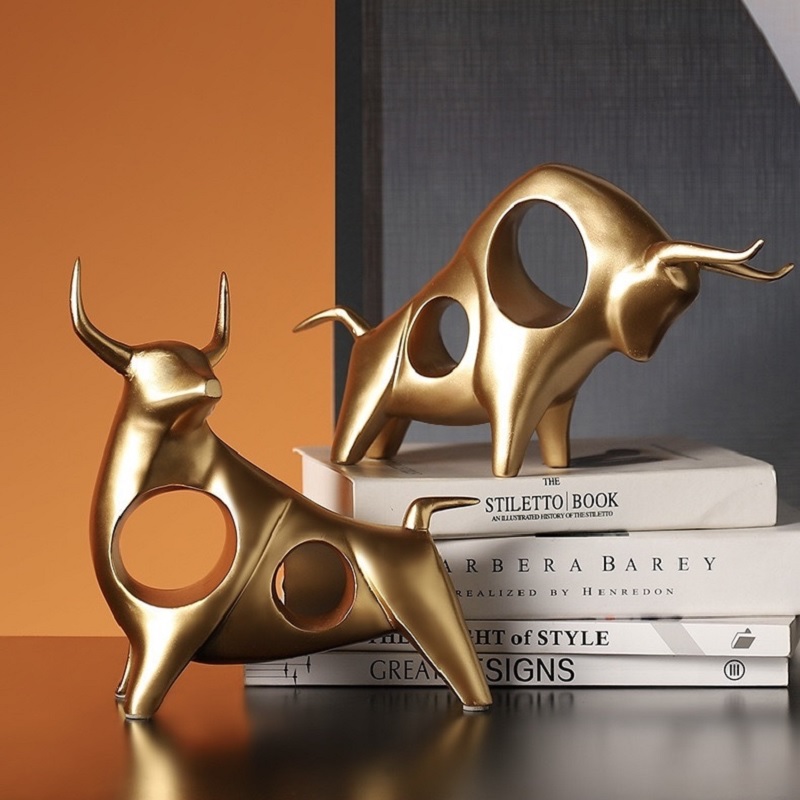 Tượng trang trí decor cặp bò tót vàng