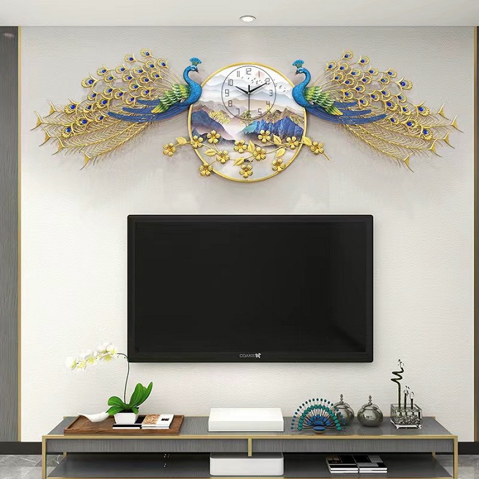 Đồng hồ treo tường decor đôi chim công xòe 02