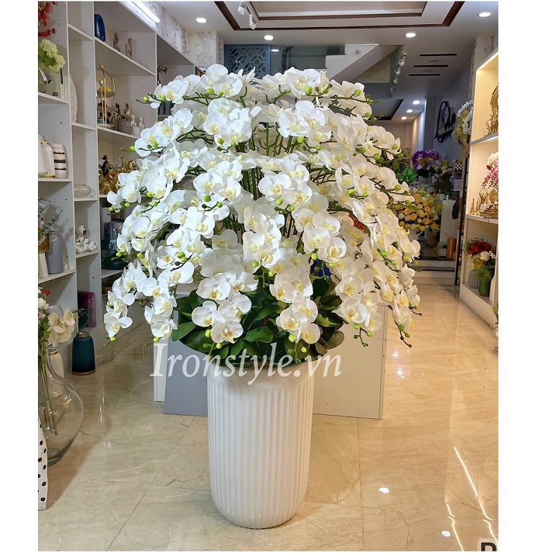Bình hoa lan hồ điệp trắng lớn trang trí sảnh cao 1m5