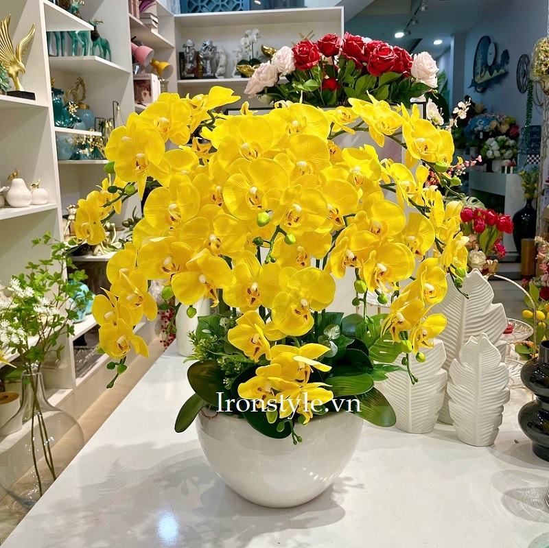 Chậu hoa lan vàng cắm 1 mặt cao 75cm