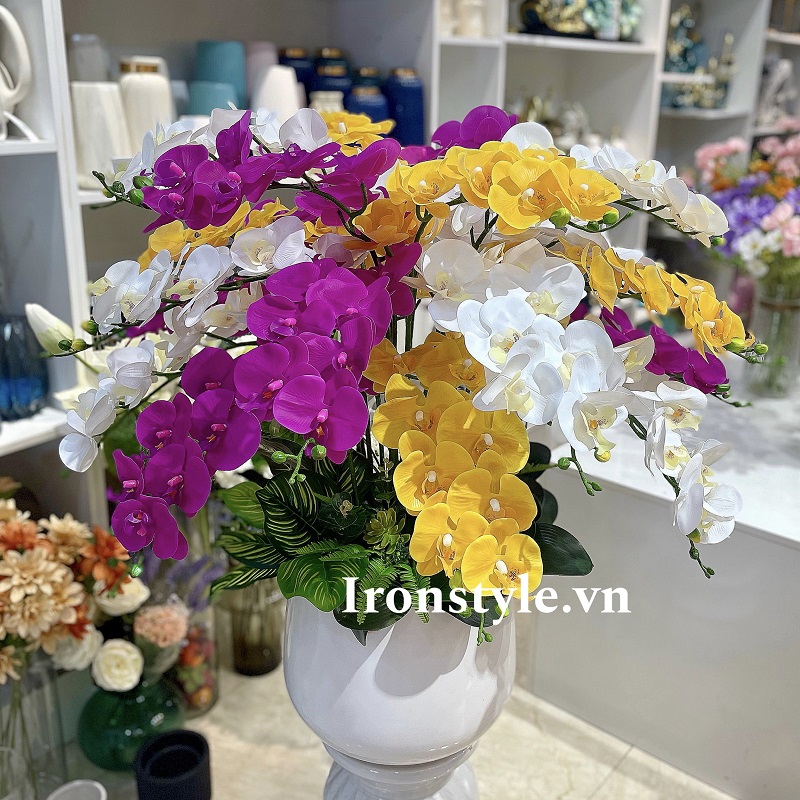 Bình hoa lan hồ điệp lụa tròn 3 màu 85cm