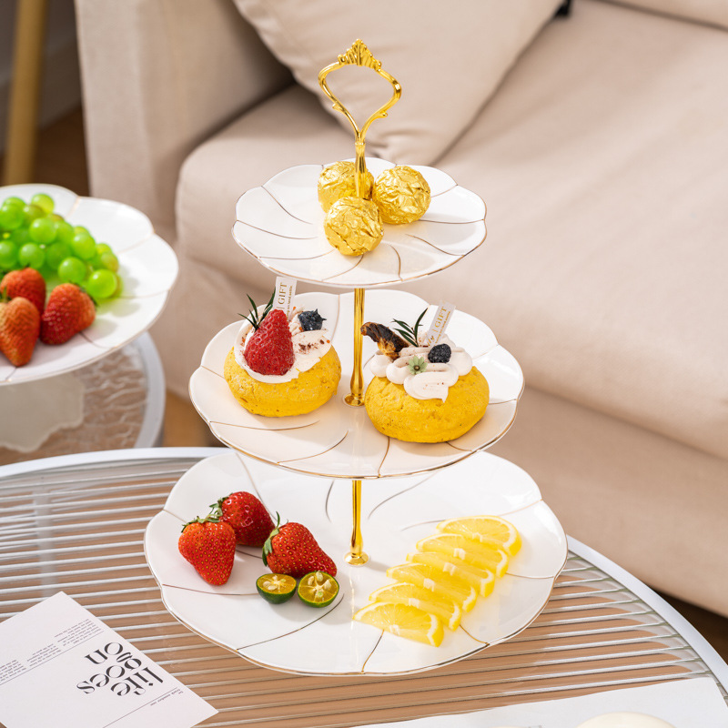 Khay đĩa sứ trắng 3 tầng đựng bánh trái cây