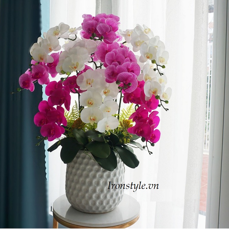 Bình hoa lan hồ điệp cao su tím trắng 1 mặt