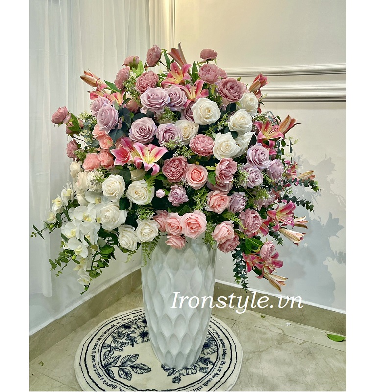 Bình hoa vải lụa lớn cao cấp hồng pastel cao 1m5
