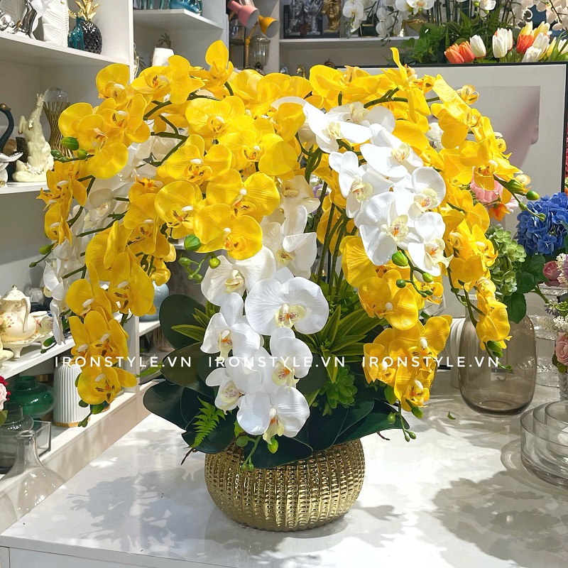 Bình hoa lan hồ điệp giả vàng mã 37