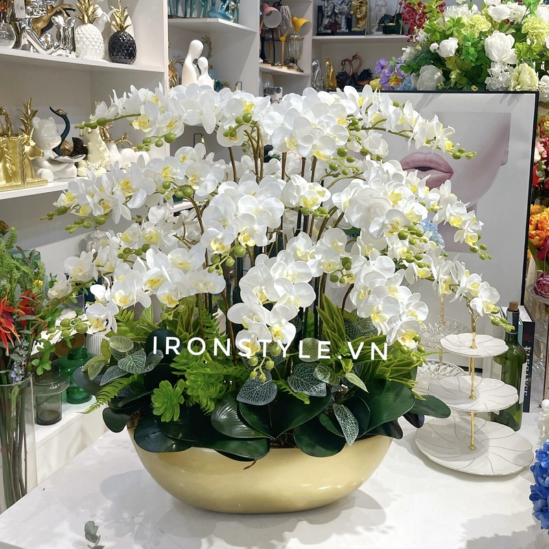 Chậu hoa lan giả cao cấp dáng thuyền cắm tròn 75cm