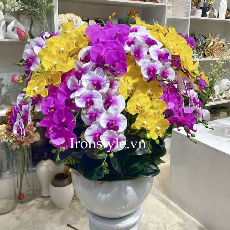 Chậu hoa lan hồ điệp giả dáng tròn 3 màu 90cm