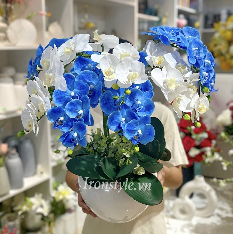 Bình hoa lan hồ điệp lụa cao cấp xanh trắng