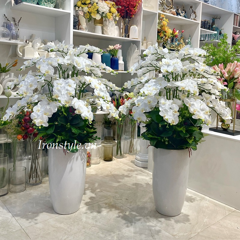 Chậu hoa lan lụa trắng 1m3 cắm tròn