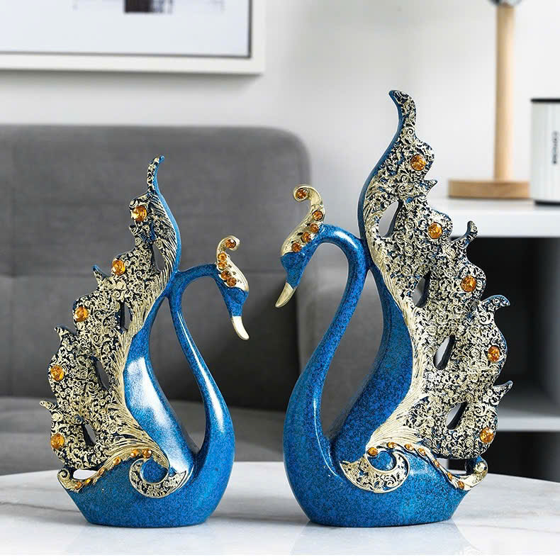Tượng trang trí cặp thiên nga xanh đính đá